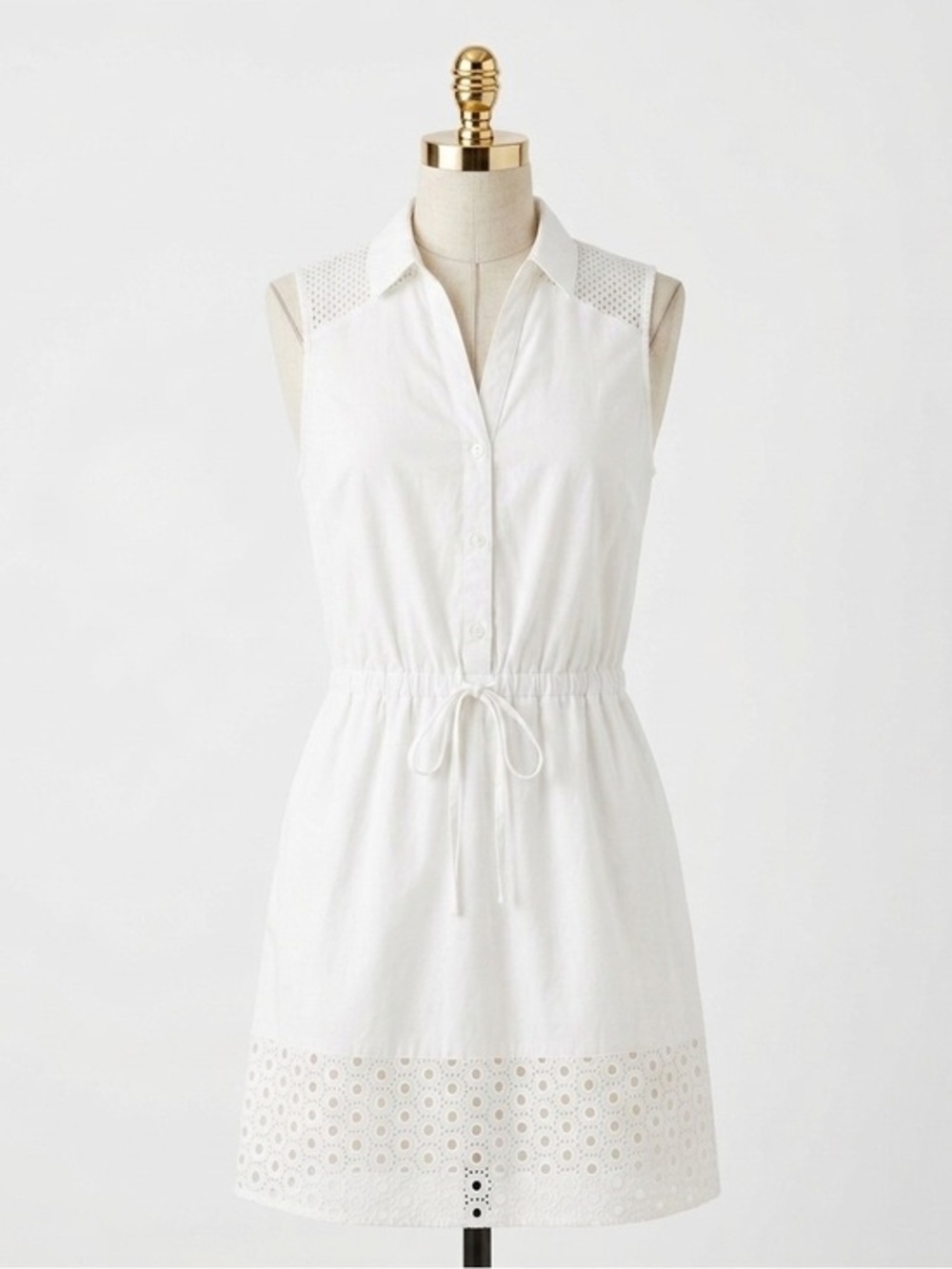 Elle White Eyelet Cotton Shirtdress Sleeveless Button Down Drawstring‎ Mini Sz S
